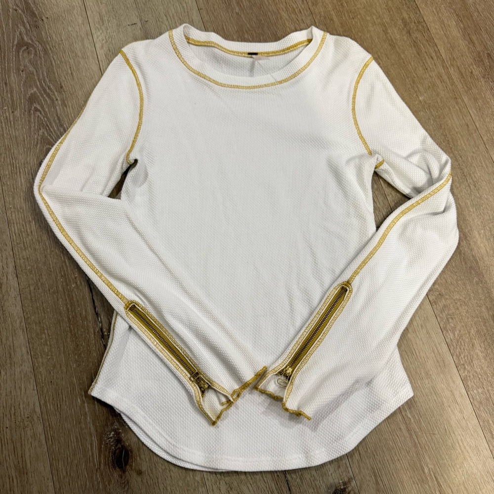 Free People White Long Sleeve Top with Gold Trim and Sleeve Zippers